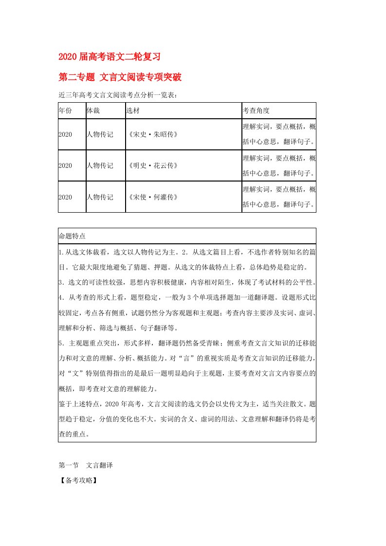 河南省卫辉一中2020届高三语文二轮备考抓分点透析之专题2文言文阅读专项突破