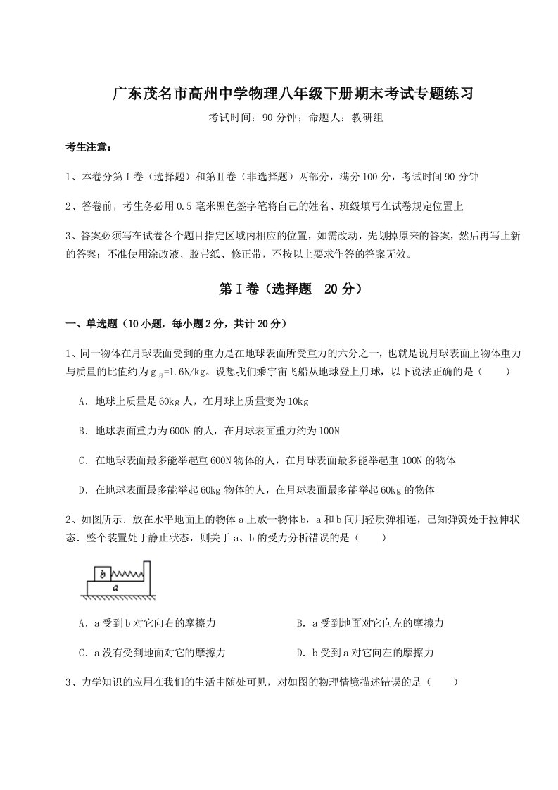 2023-2024学年广东茂名市高州中学物理八年级下册期末考试专题练习试题（含答案解析）