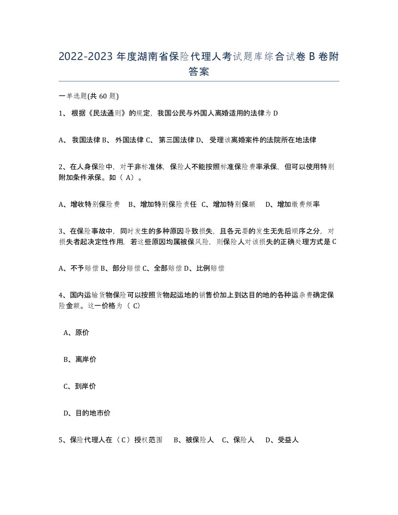 2022-2023年度湖南省保险代理人考试题库综合试卷B卷附答案