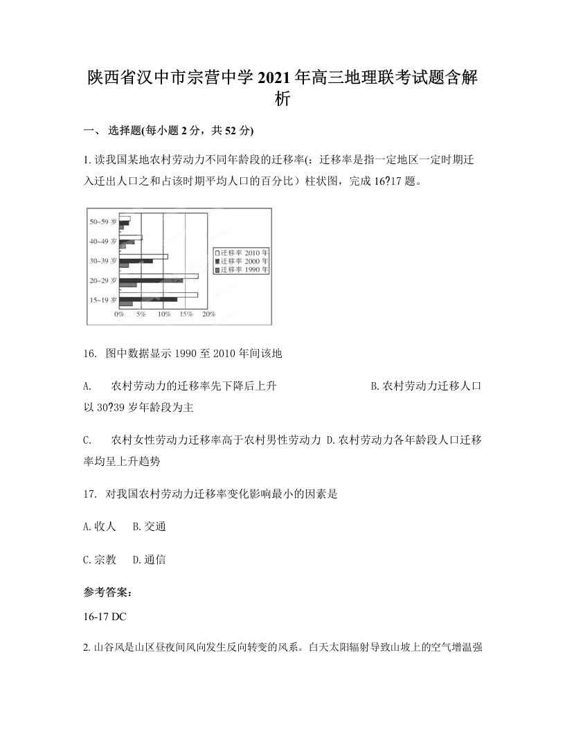 陕西省汉中市宗营中学2021年高三地理联考试题含解析