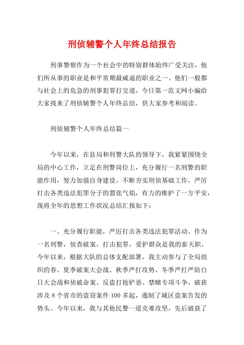 刑侦辅警个人年终总结报告