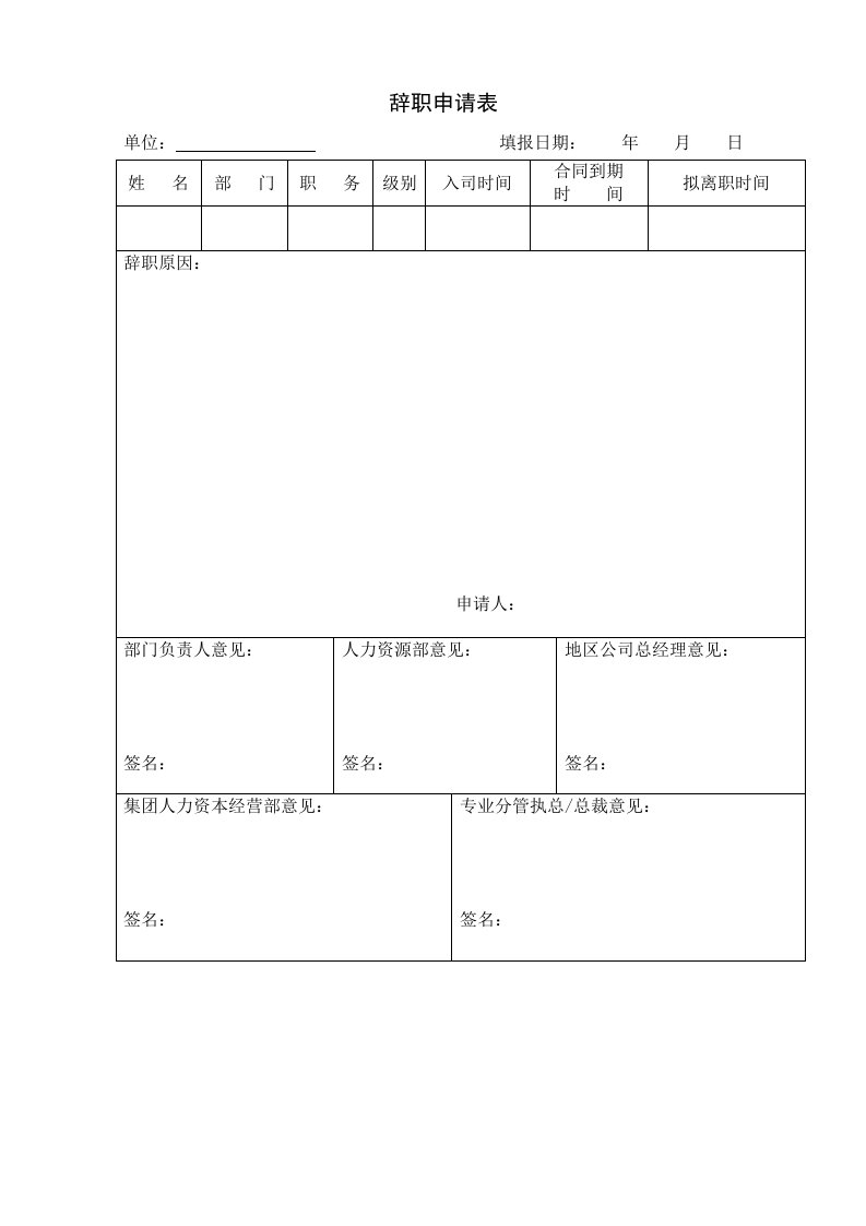 表格模板-表单：辞职申请表HF327