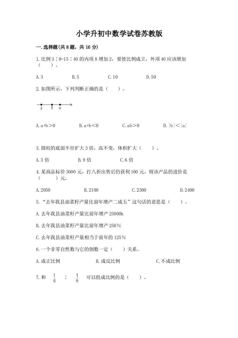 小学升初中数学试卷苏教版及答案（基础+提升）