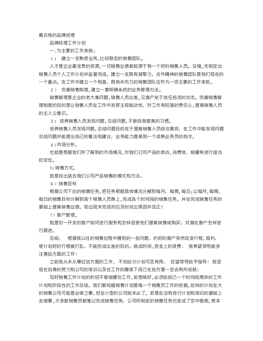 品牌经理年度工作计划