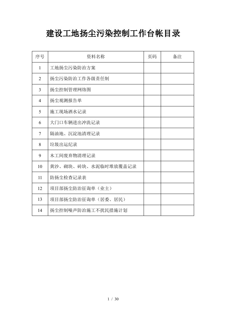 建设工地扬尘污染控制工作台帐目录