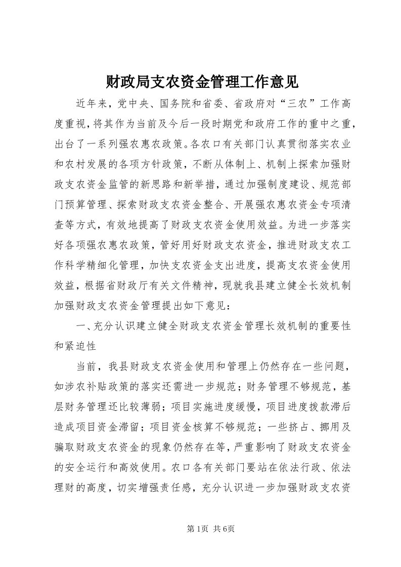 财政局支农资金管理工作意见