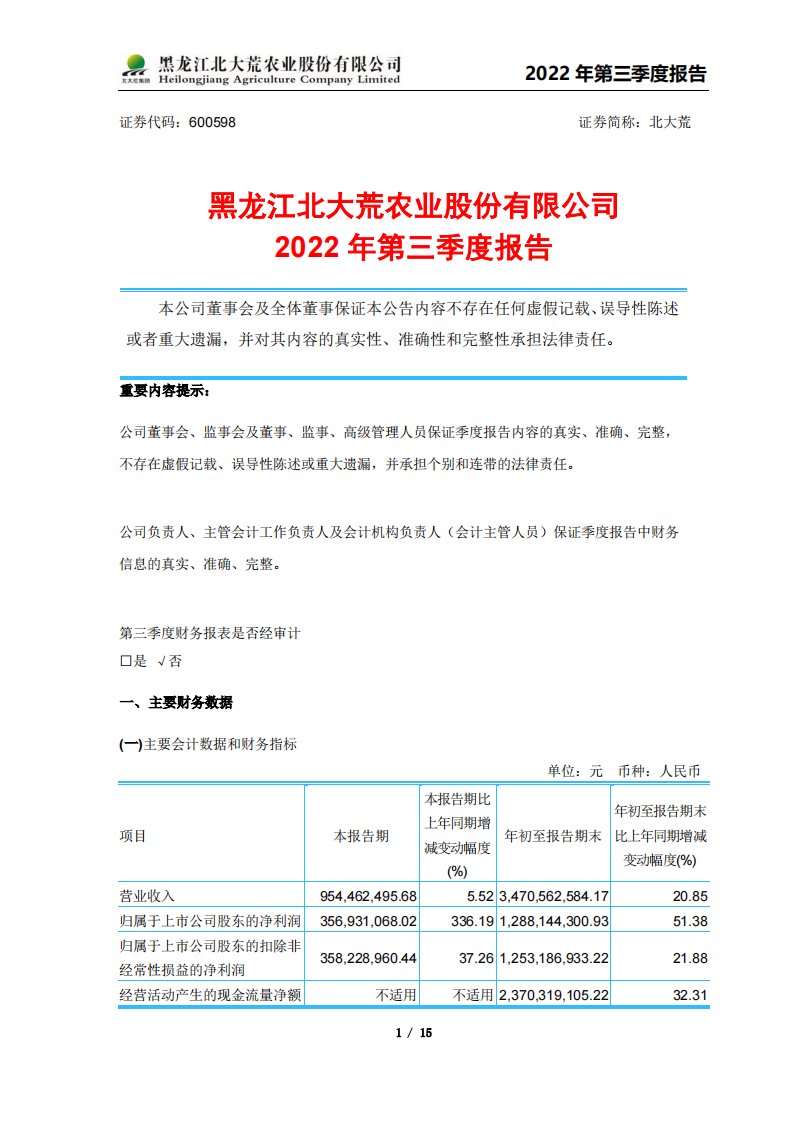 上交所-黑龙江北大荒农业股份有限公司2022年第三季度报告-20221025