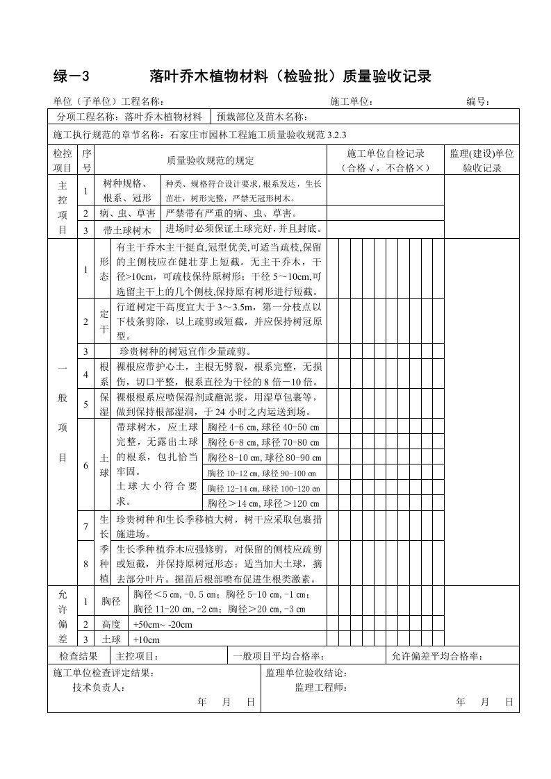 绿-3落叶乔木植物材料(检验批)质量验收记录