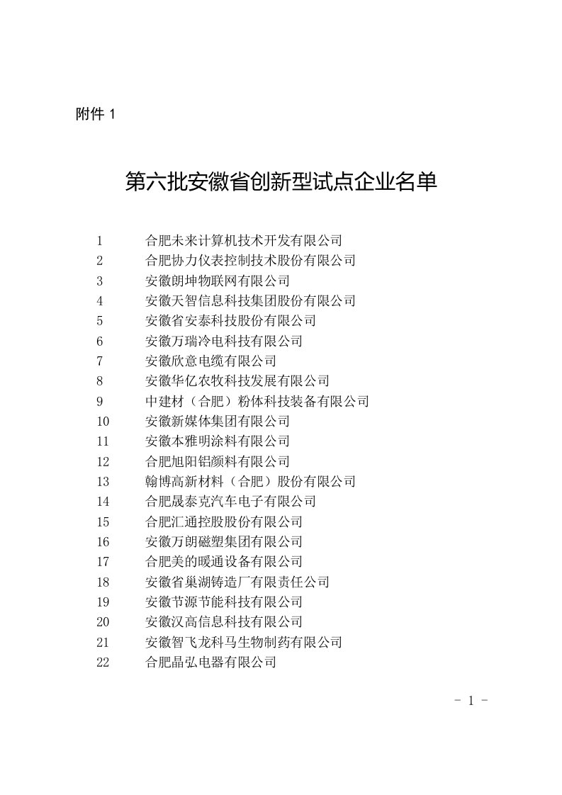 《第六批安徽省创新型试点企业名单-附件1》