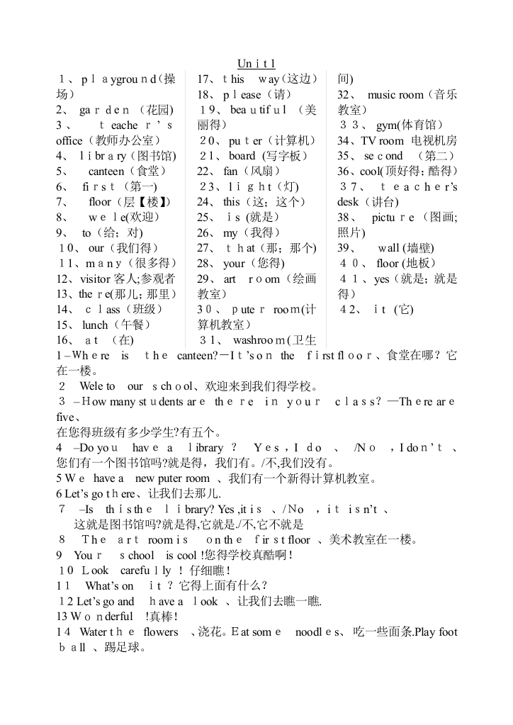 PEP小学英语四年级下册单词、重点句子、语音