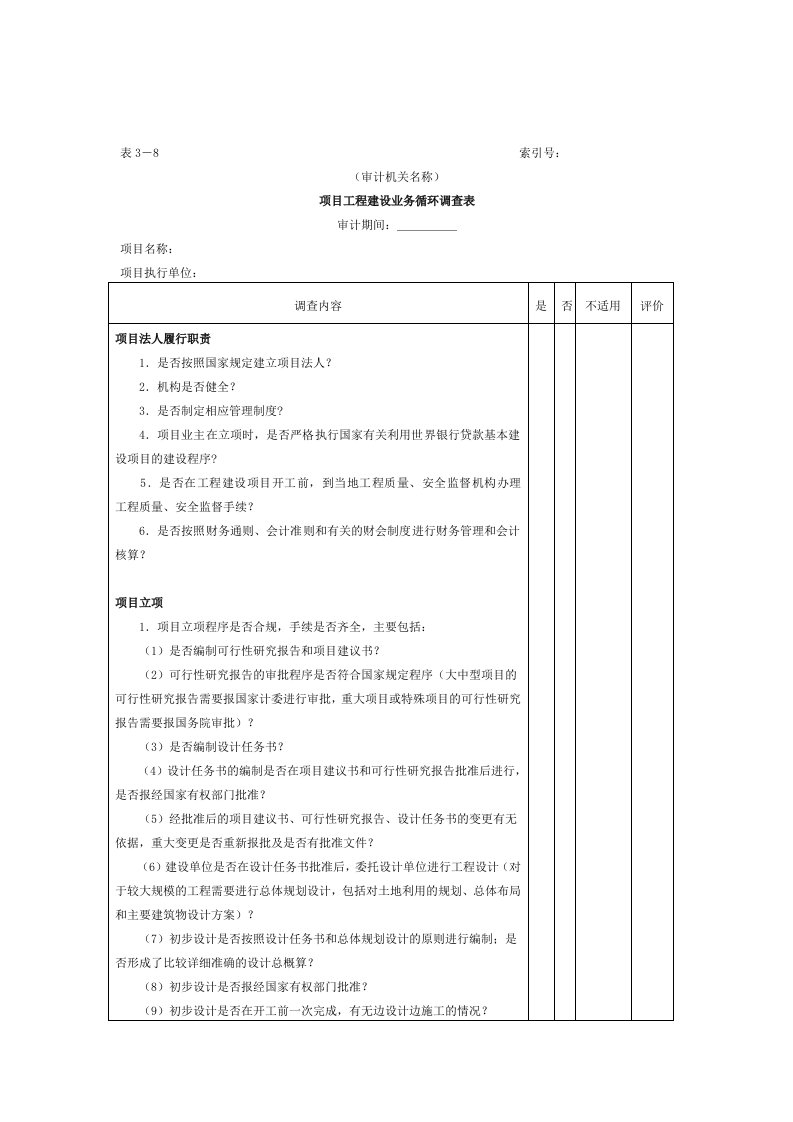 项目工程-项目工程建设业务循环调查表