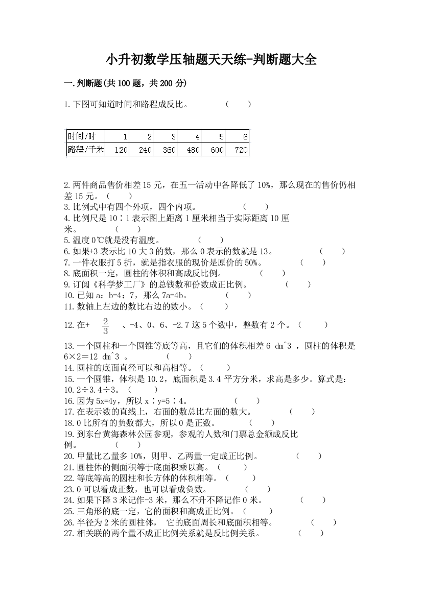 小升初数学压轴题天天练-判断题大全带答案下载