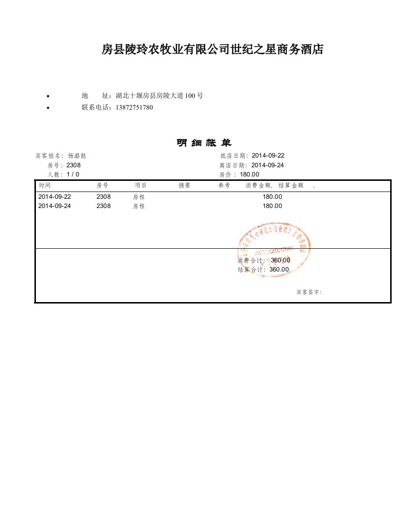 酒店住宿消费清单样本