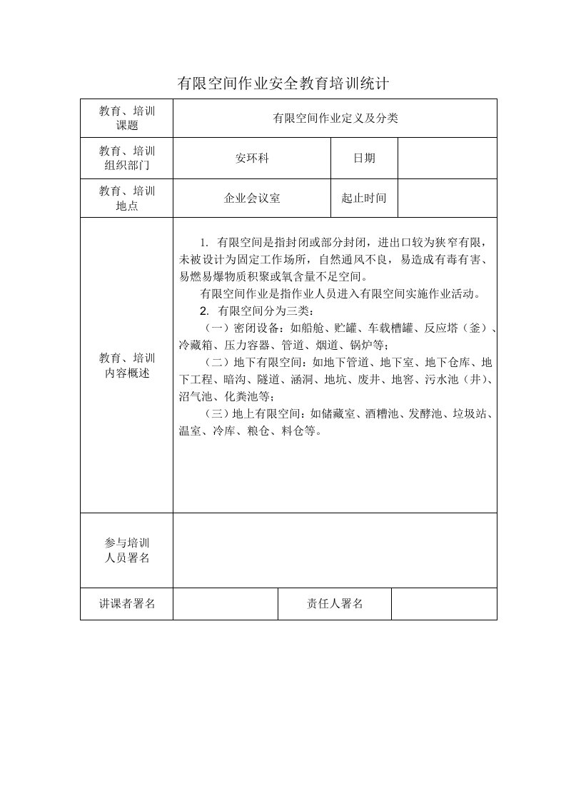 有限空间作业安全培训记录样本