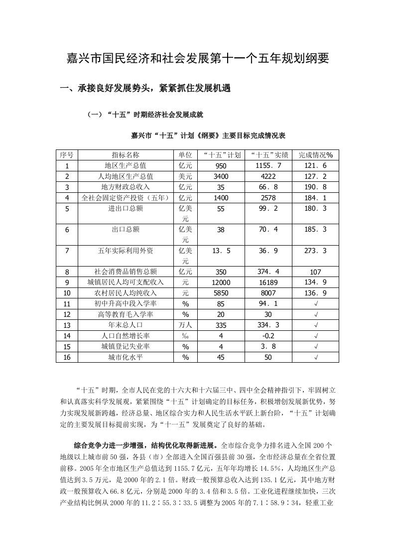 嘉兴市国民经济和社会发展第十一个五年规划纲要