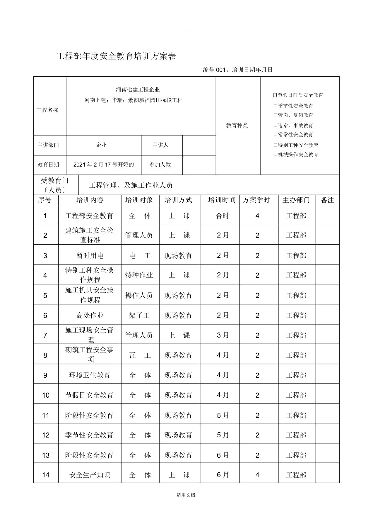 2021项目部年度安全教育培训计划表