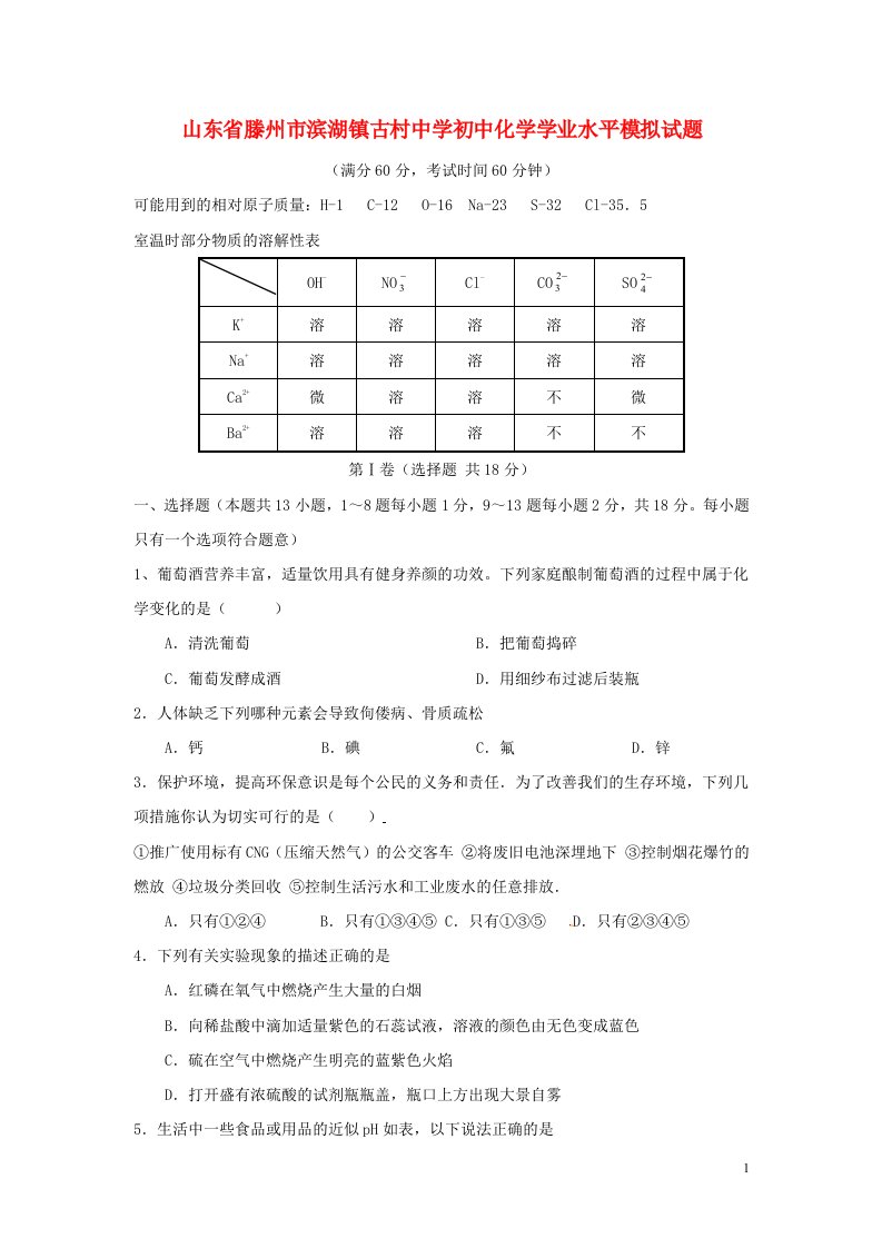 山东省滕州市滨湖镇古村中学初中化学学业水平模拟试题