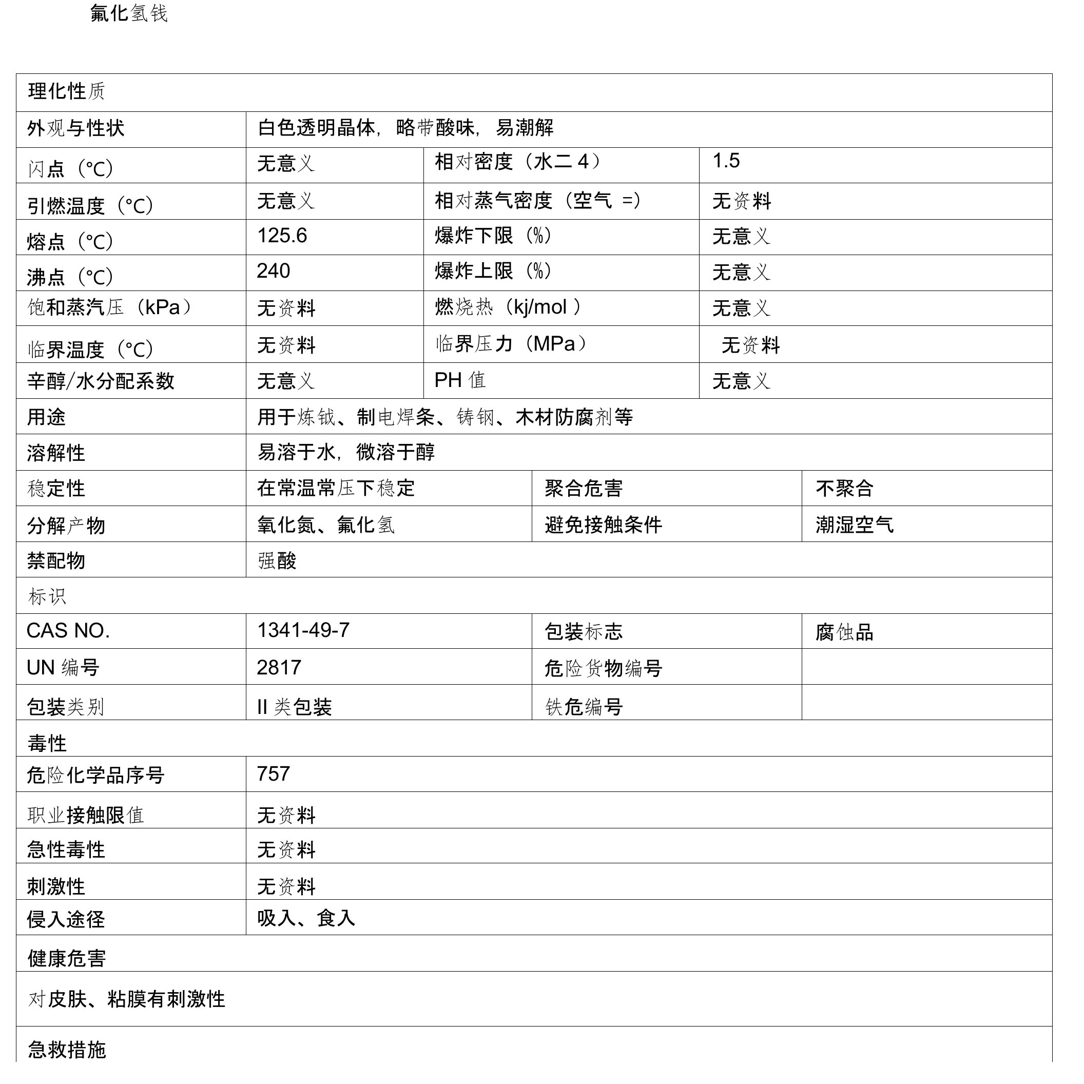 氟化氢铵安全技术说明书