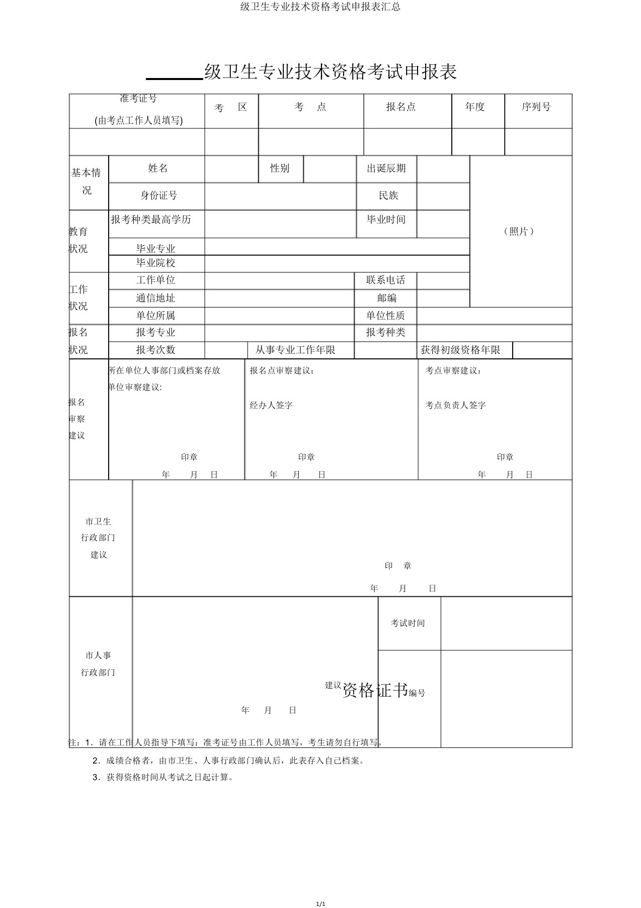 级卫生专业技术资格考试申报表汇总