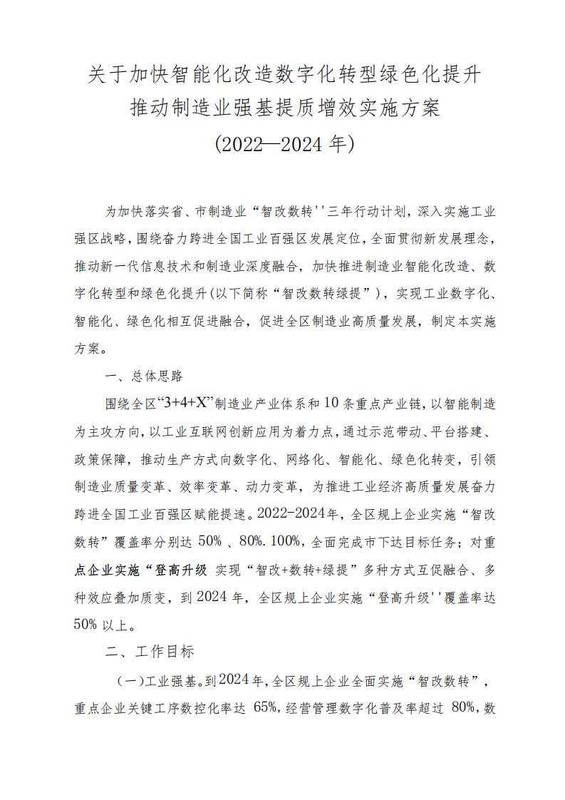 关于加快智能化改造数字化转型绿色化提升推动制造业强基提质增效实施方案(2022—2024年)