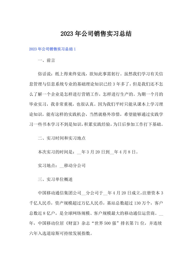 公司销售实习总结