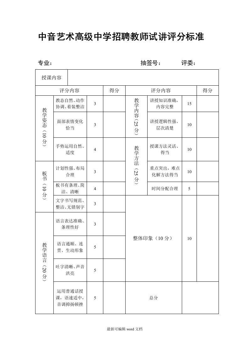 招聘教师试讲评分标准