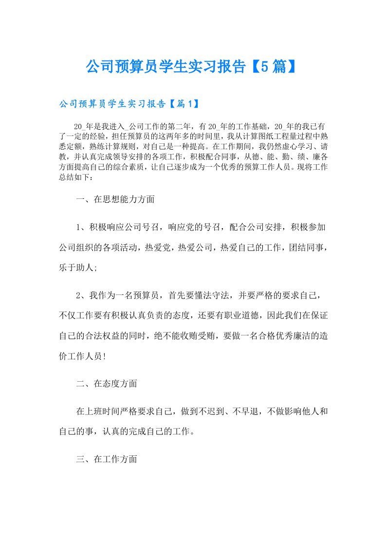 公司预算员学生实习报告【5篇】