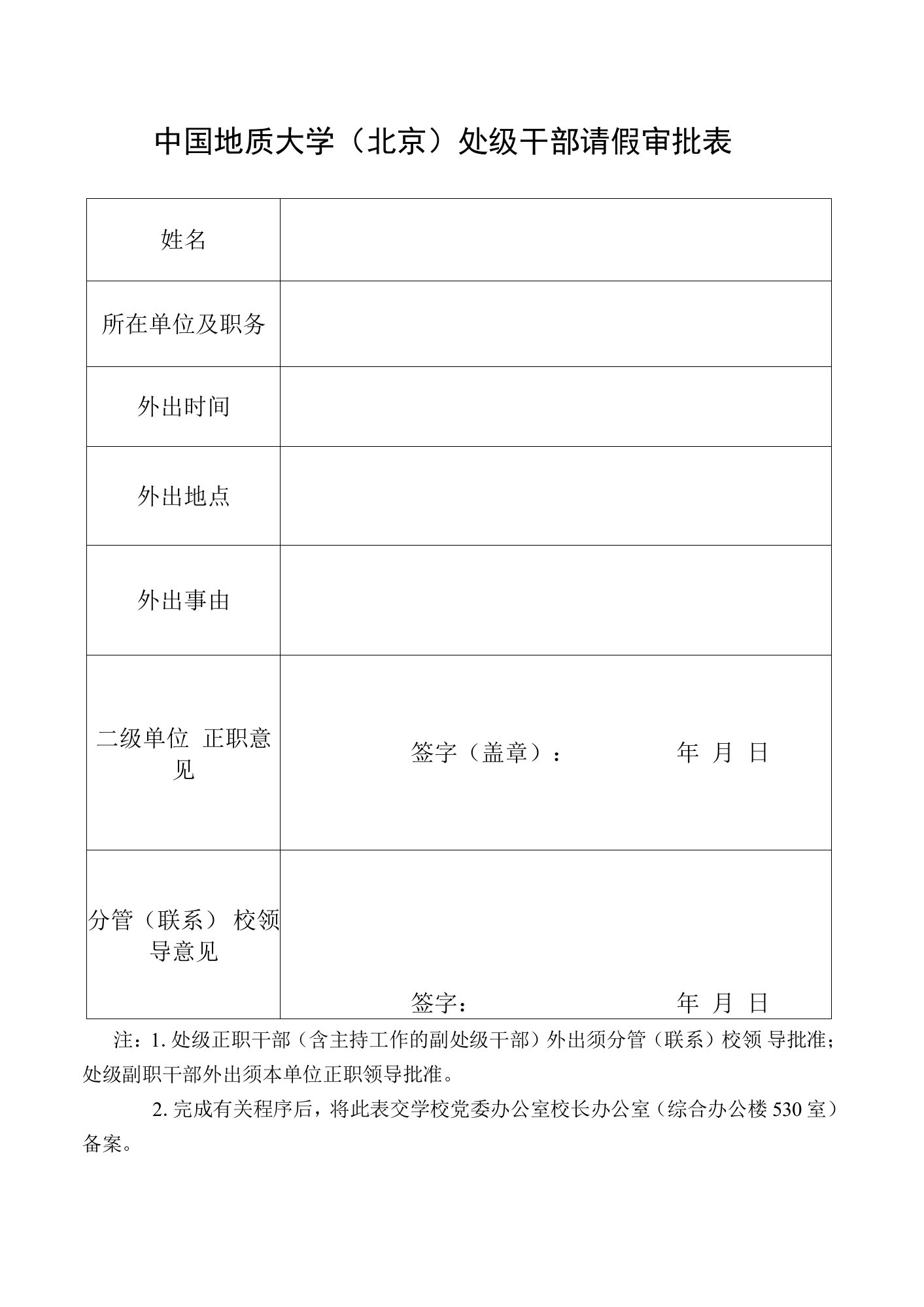 中国地质大学(北京)处级干部请假审批表