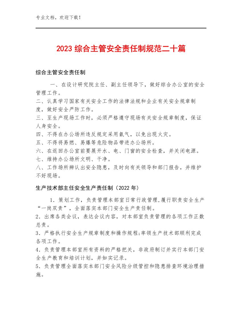 2023综合主管安全责任制规范二十篇