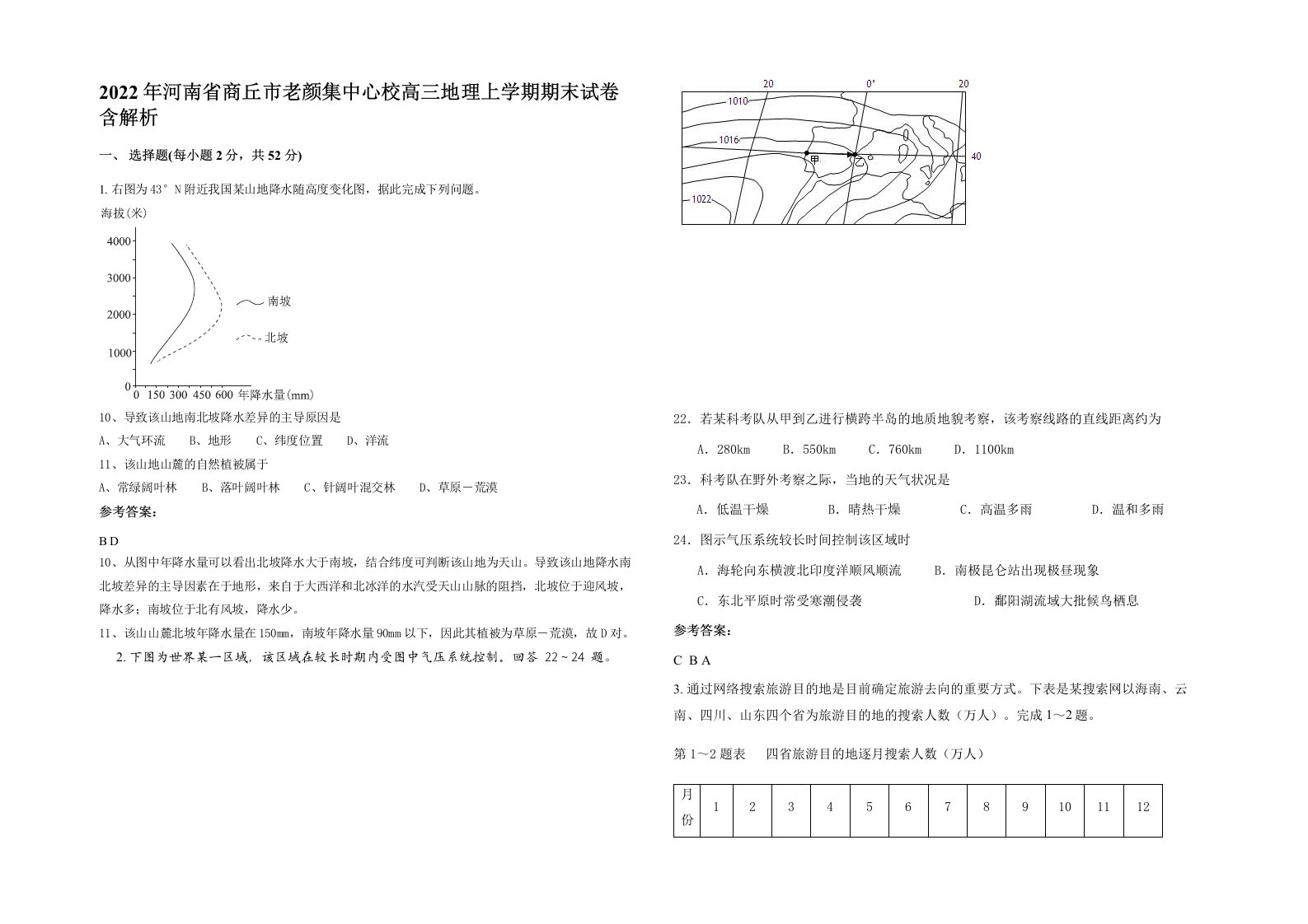 2022年河南省商丘市老颜集中心校高三地理上学期期末试卷含解析