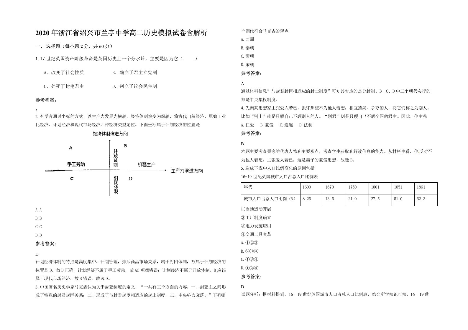 2020年浙江省绍兴市兰亭中学高二历史模拟试卷含解析