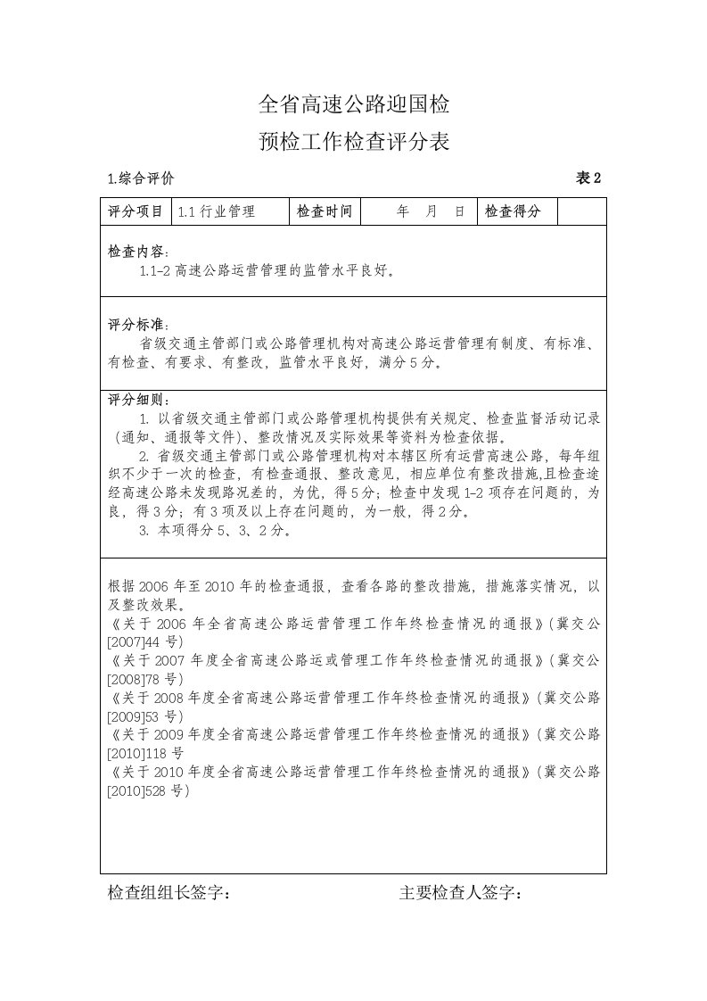 全省高速公路国检预检评分表