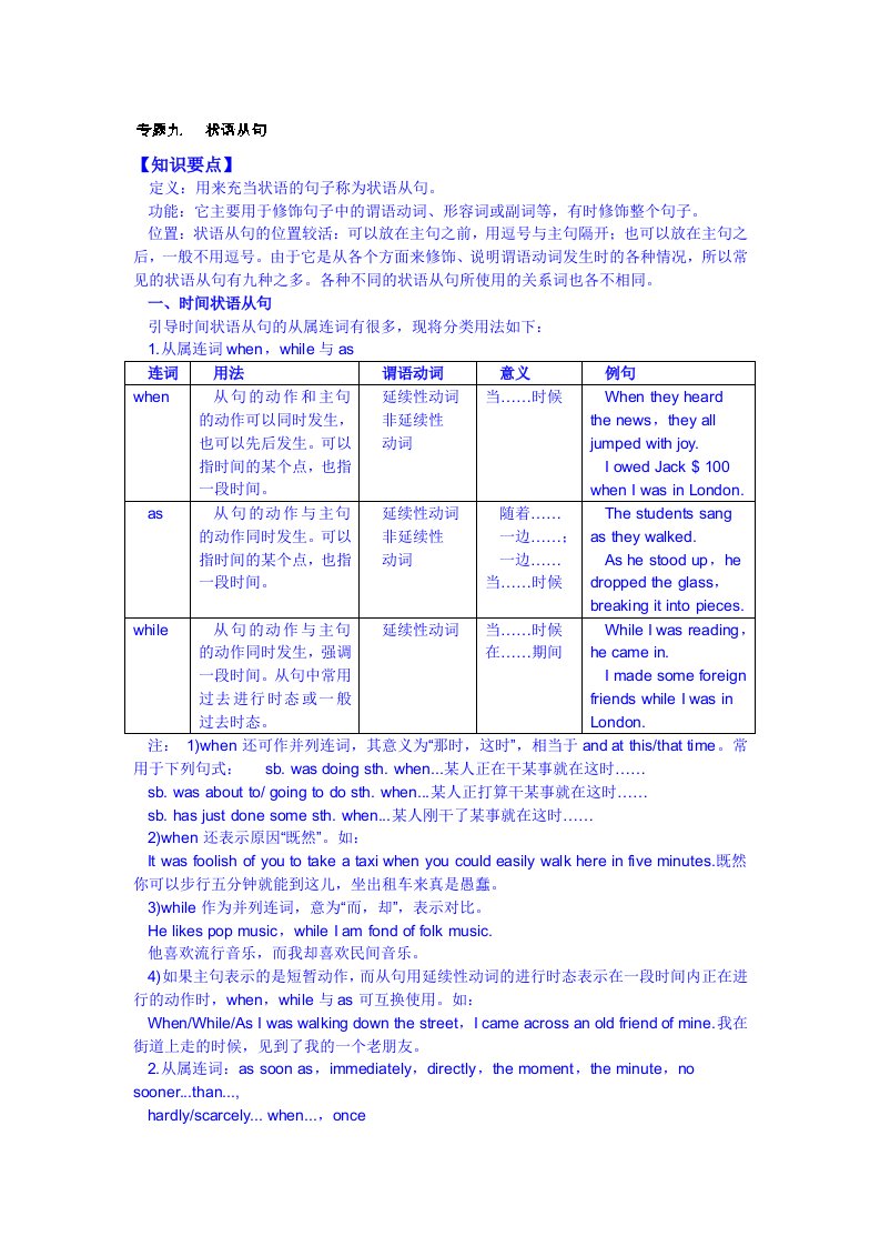 无锡市2014年高三英语一轮复习(艺考生)：专题九状语从句学生版