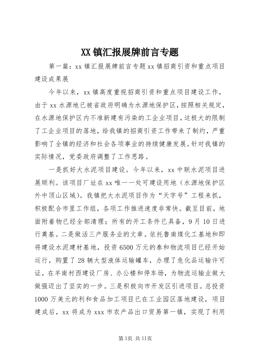 XX镇汇报展牌前言专题