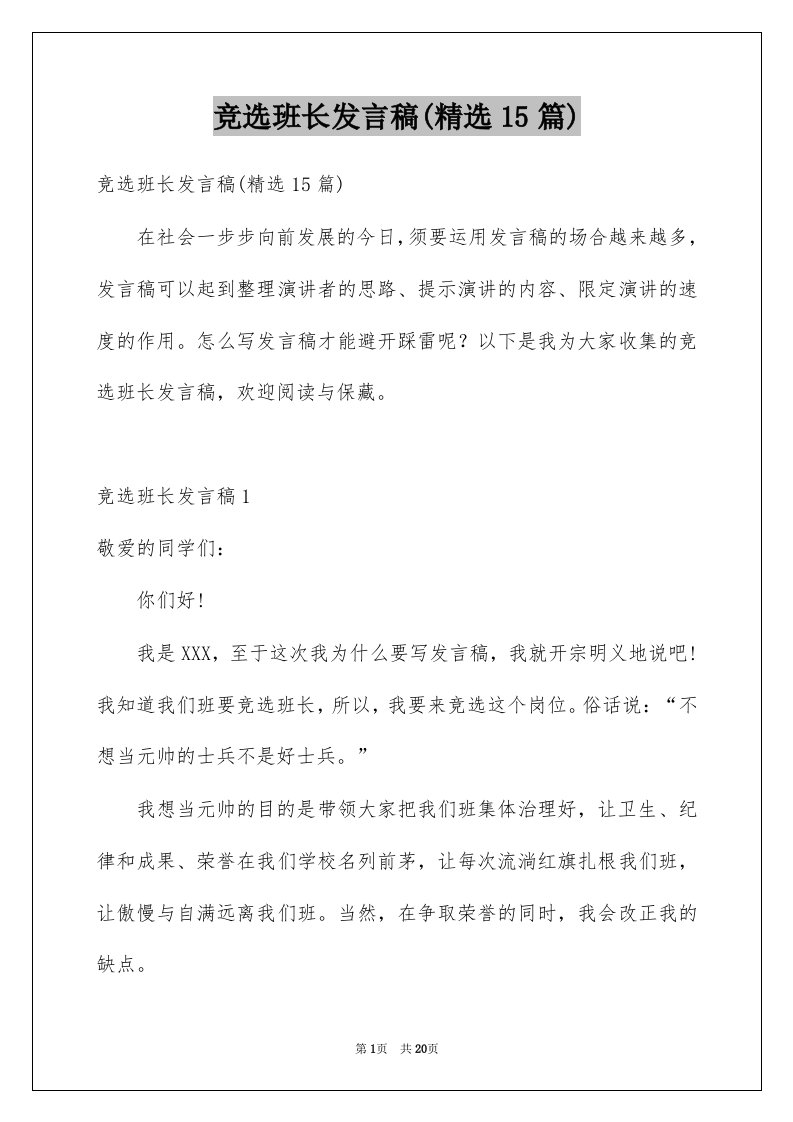 竞选班长发言稿精选15篇例文1