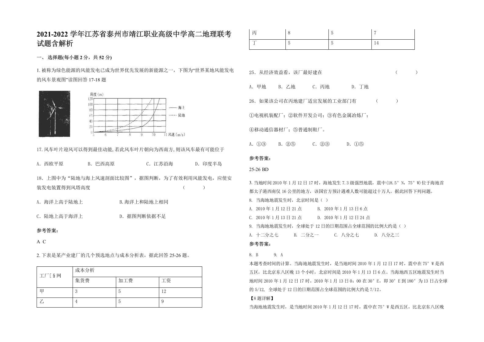 2021-2022学年江苏省泰州市靖江职业高级中学高二地理联考试题含解析