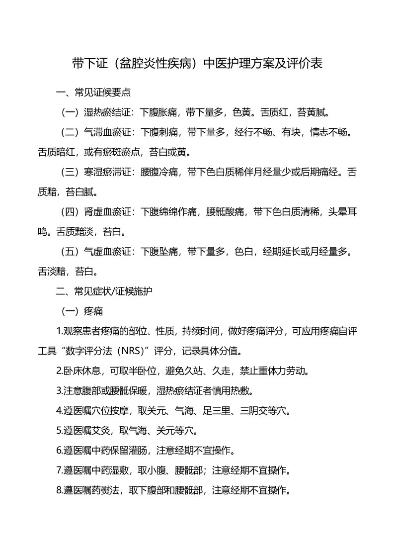 带下证（盆腔炎性疾病）中医护理方案及评价表