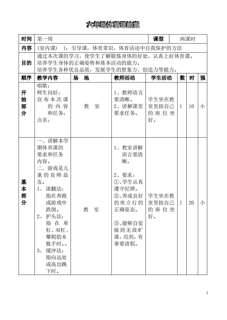 小学六年级体育课教案课件