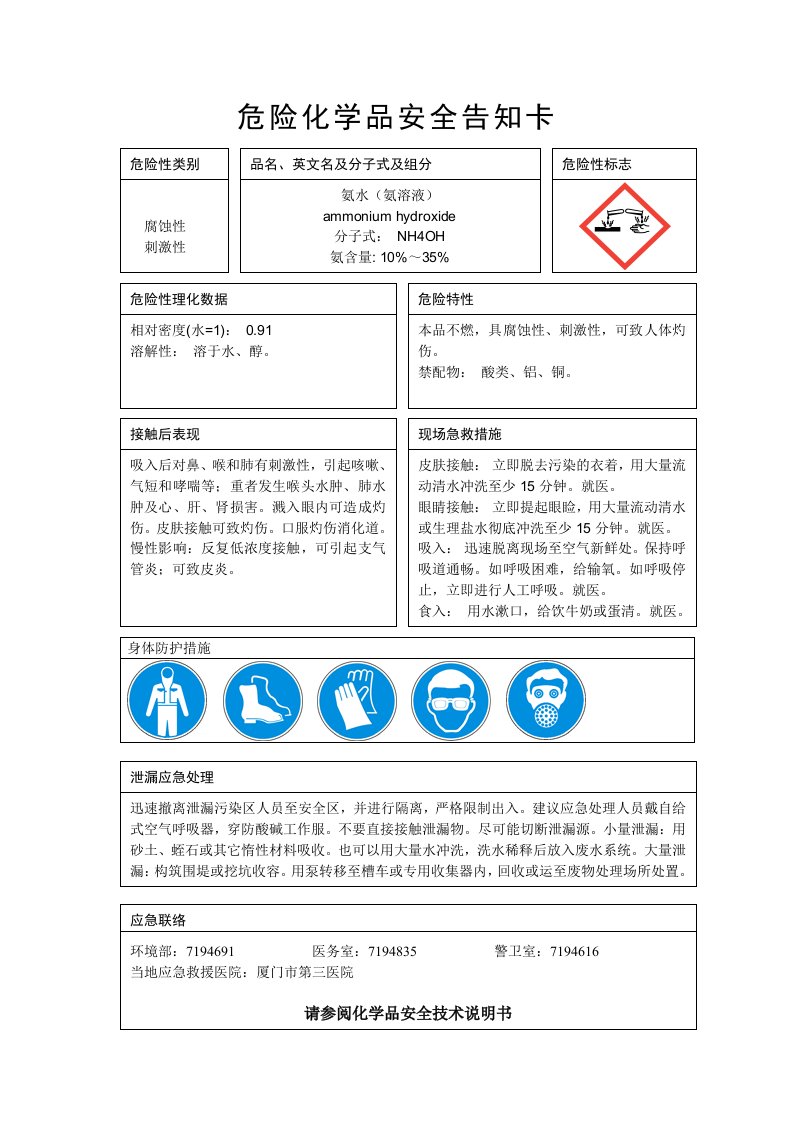 危险化学品安全告知卡氨水AMMONIA