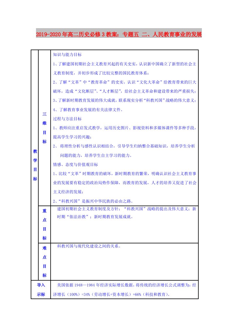 2019-2020年高二历史必修3教案：专题五