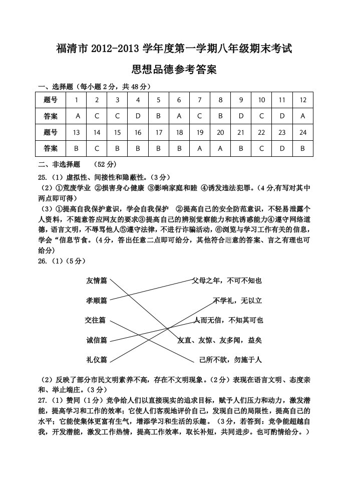 福清市2012-2013学年度第一学期八年级期末考试