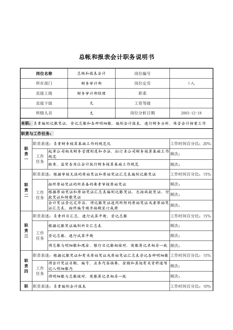 企业总帐和报表会计岗位职务描述