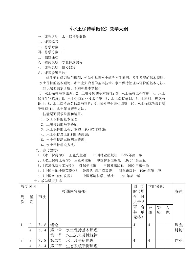 水土保持学教学大纲