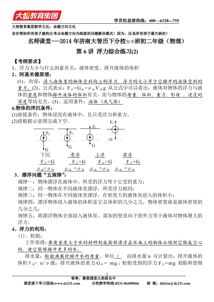 大智讲义初二物理春季班第6讲浮力的综合提高