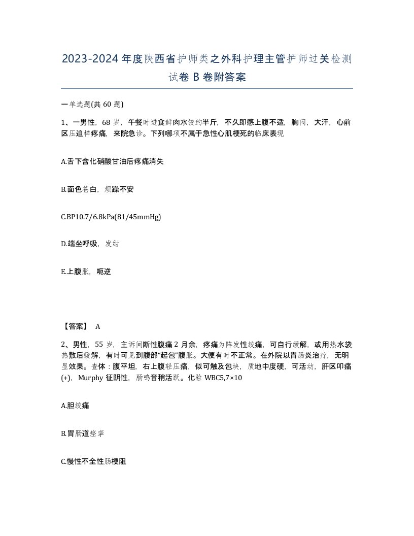 2023-2024年度陕西省护师类之外科护理主管护师过关检测试卷B卷附答案