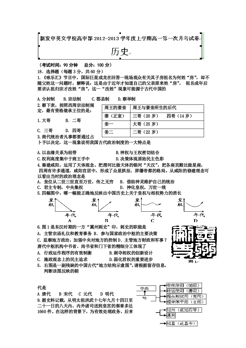 广东省汕头市潮南新发中英文学校2012-2013学年高一上学期第一次月考历史试题（无答案）