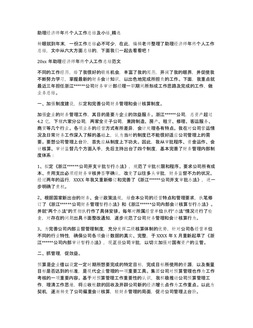 助理经济师年终个人工作总结及小结精选