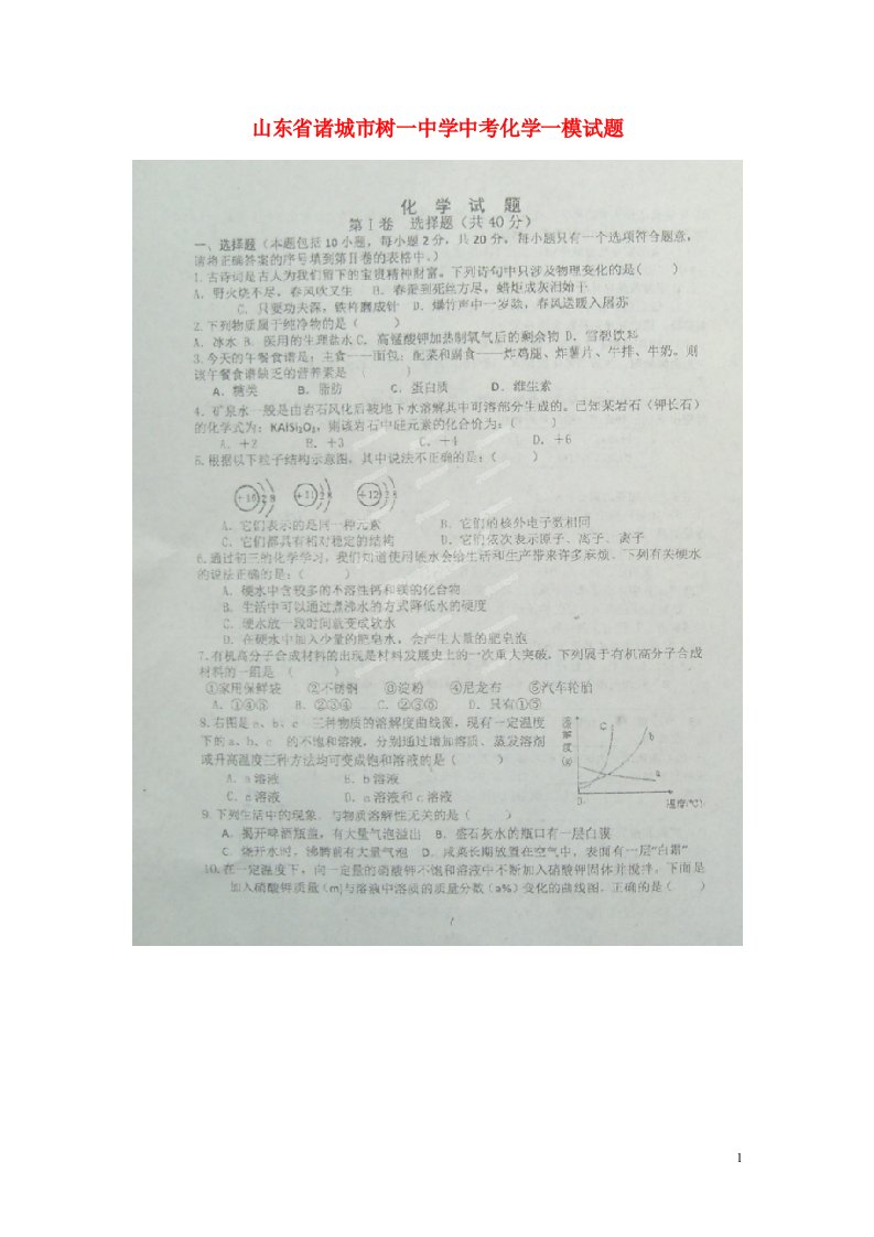 山东省诸城市树一中学中考化学一模试题（扫描版）