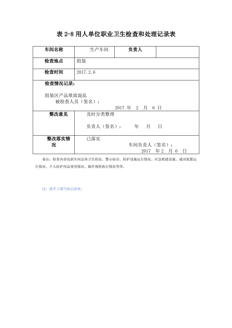 用人单位职业卫生检查和处理记录表