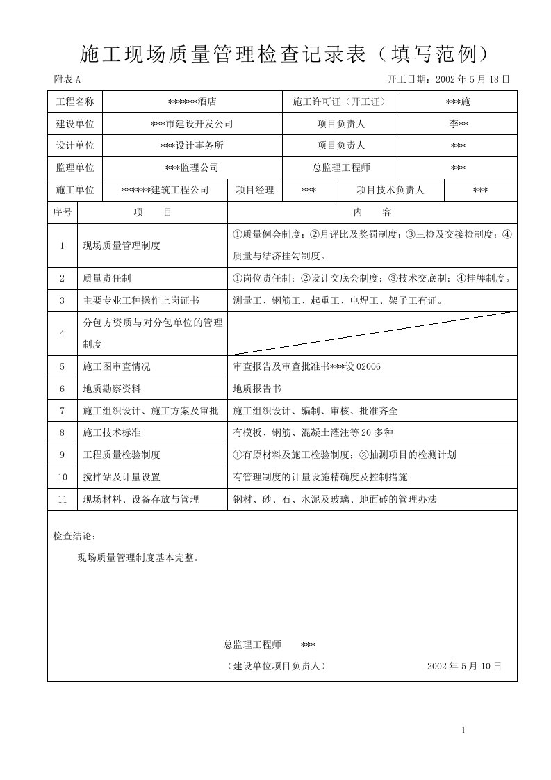 建筑工程施工现场质量管理检查记录表（填写范例）